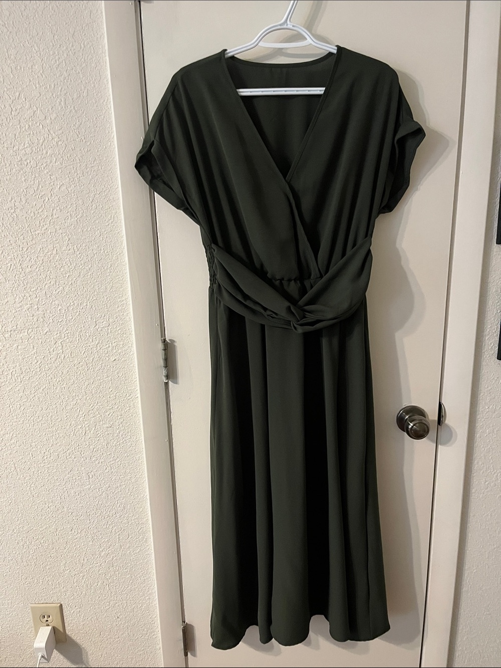 Tie-Waist Olive Green Midi Wrap Dress